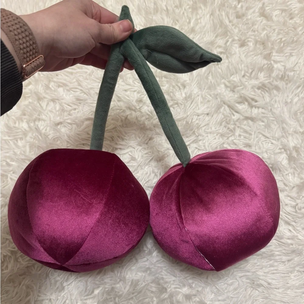 Plush Cherry Decor with Green Stems Cherry Pillow Fruit Accent Pillow Fun Pillow